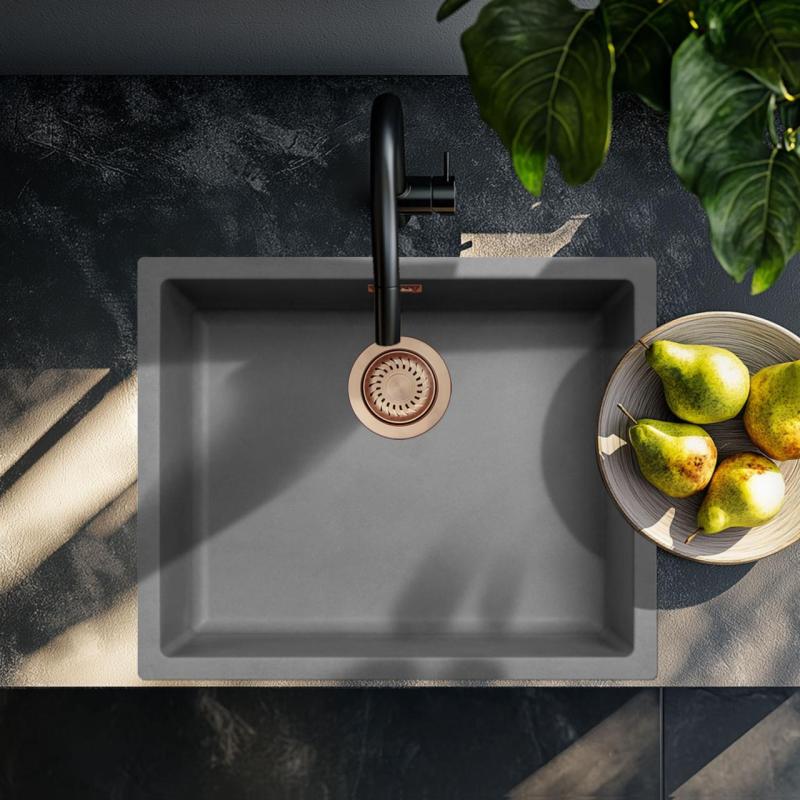 Ausmann Fiber бетонова мивка в сиво 50x40cm за вграждане, монтаж отгоре и плоско вграждане с меден щепсел 1208971884