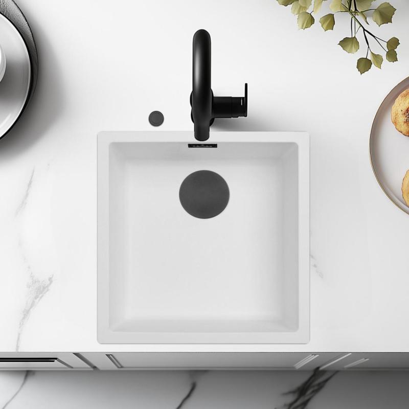 Ausmann Fiber бял мивка 40x40cm за вграждане, монтиране отгоре и въвеждане на равнина с автоматичен черен щепсел 1208971892