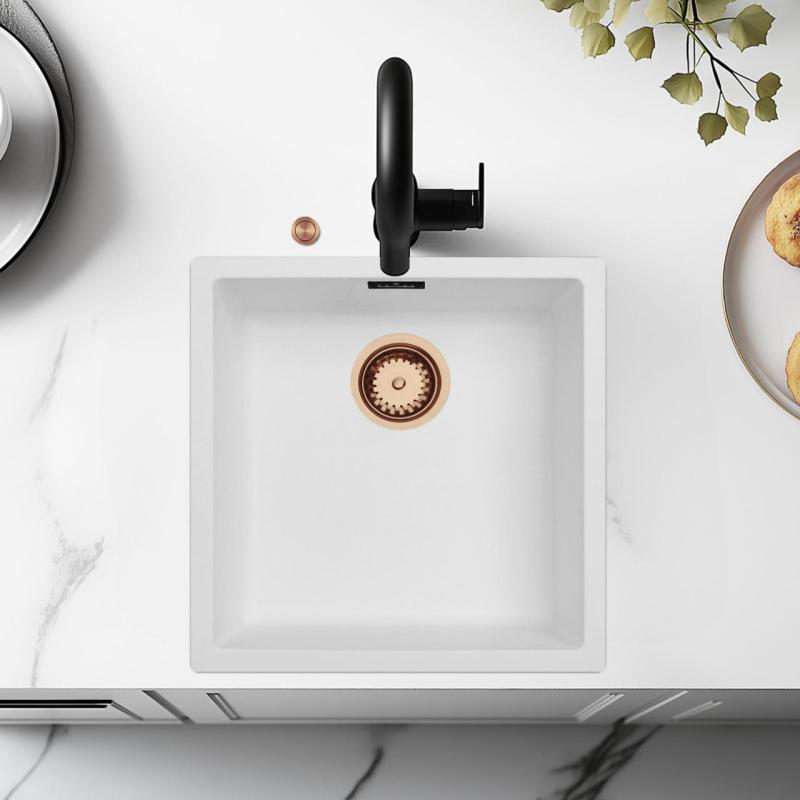 Ausmann Fibre бял съдомиялник 40x40cm за вграждане, повърхностно монтиране и вграждане в равнина с автоматичен меден тап 1208971893