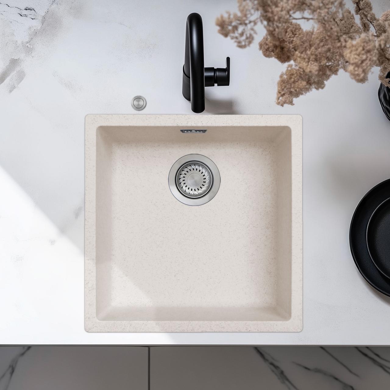 Ausmann Fiber пясъчен бял мивка 40x40cm за вграждане, поставяне на повърхността и вграждане с автоматичен неръждаем щепсел 1208971925