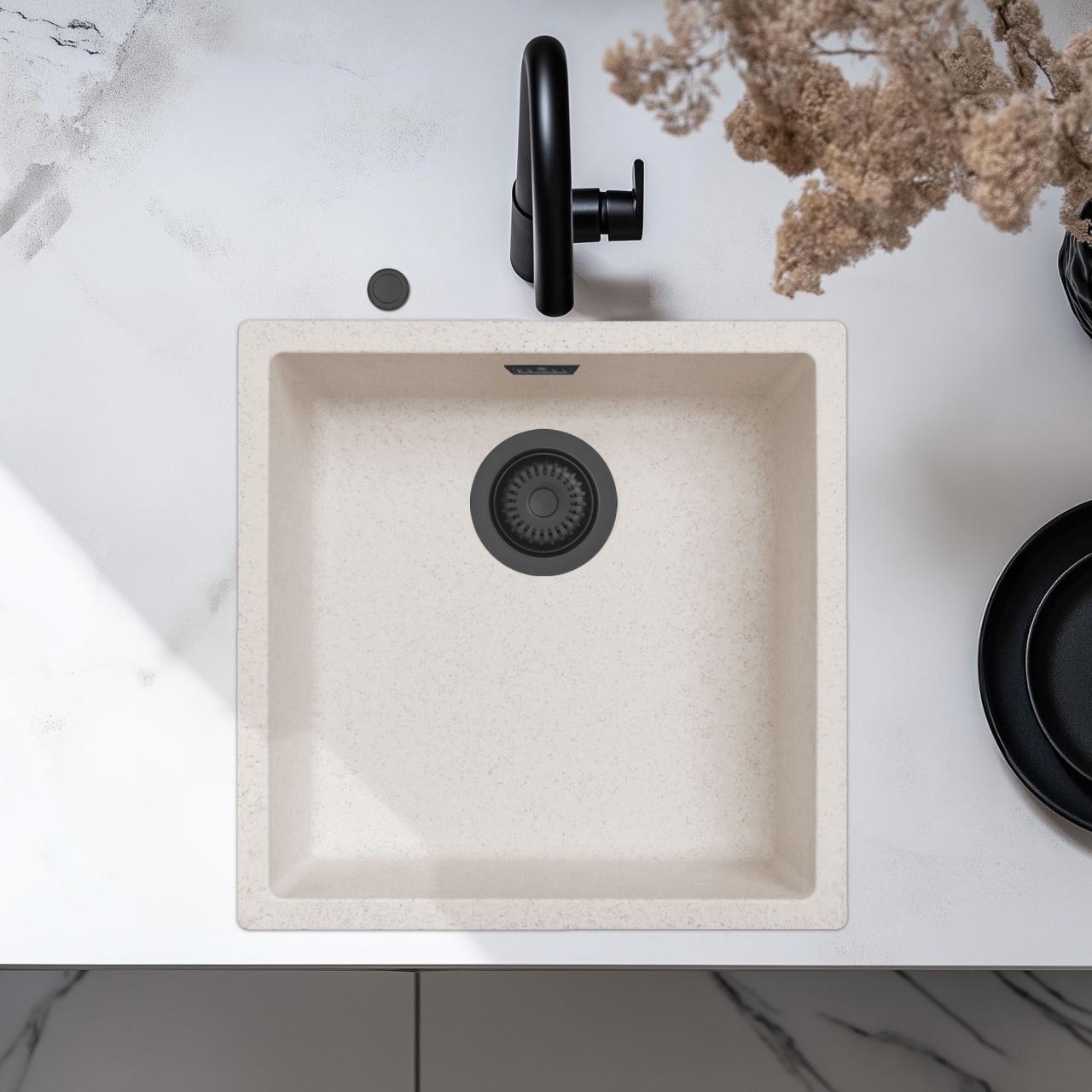 Ausmann Fiber пясъчен бял мивка 40x40cm за монтаж отдолу, отгоре и равна вградна с автоматичен черен щепсел 1208971926