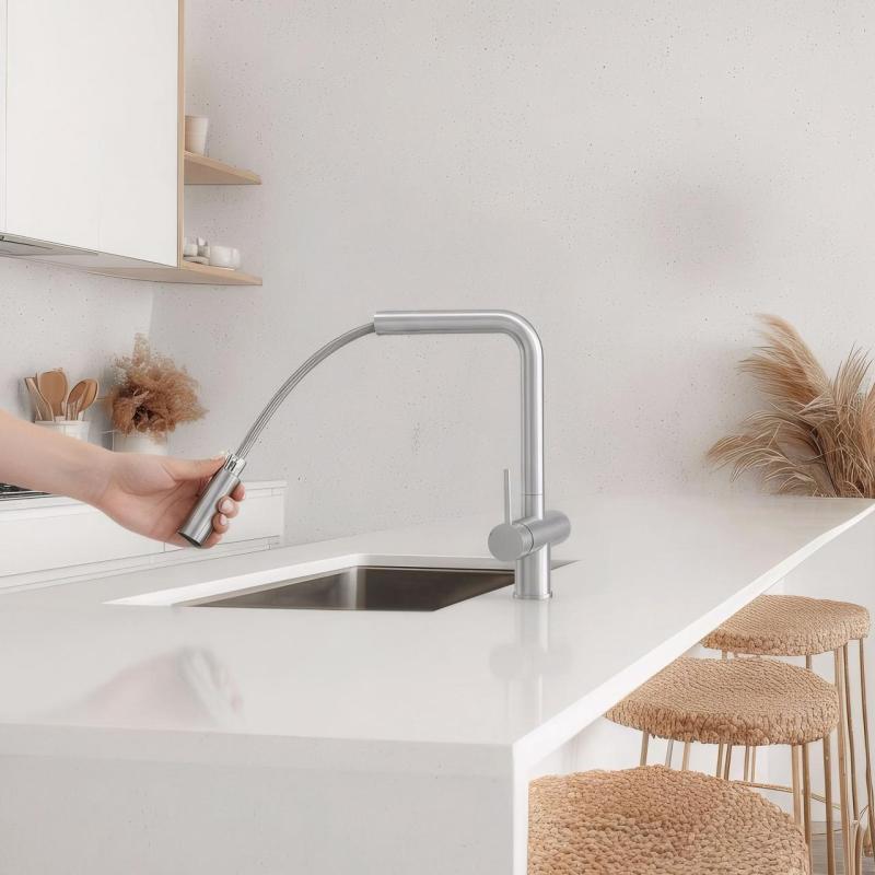 Pure.Sink Elite Steel Clear-S RVS 3-посочен кухненски смесител с издърпващ се излив и филтрирана вода PS8120-02