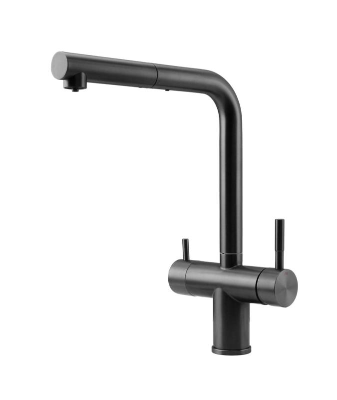 Pure.Sink Elite Steel Clear-S PVD пушка от метал 3-посочен кухненски смесител с издърпващ се чучур и филтрирана вода PS8120-61