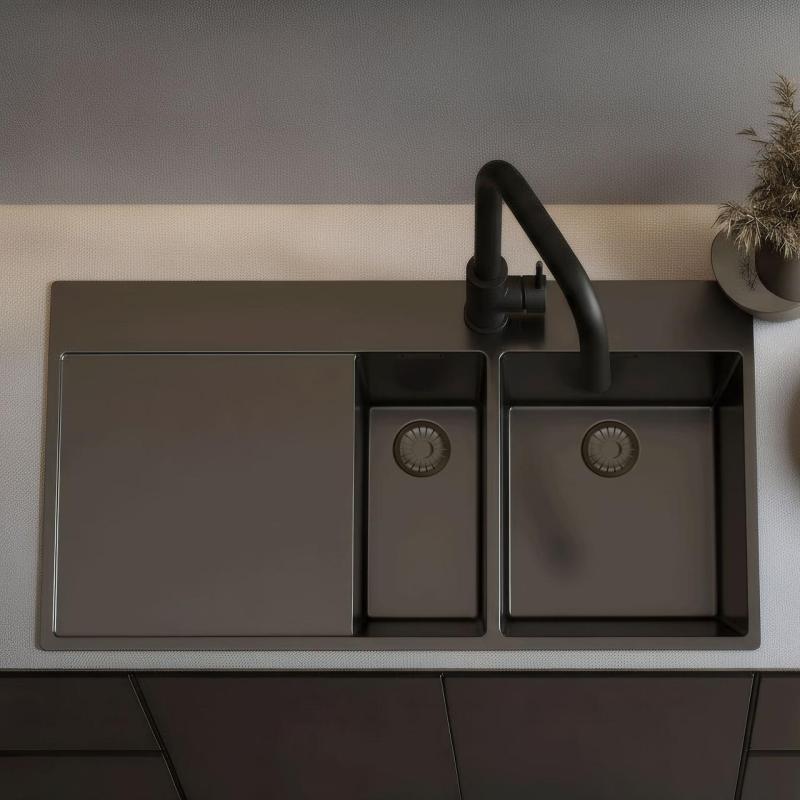 Pure.Sink Exclusivo Gun metal 1,5  мивка с отцеждаща част 100x52 cm Кран Tapwing десен PEX3418100RT-61