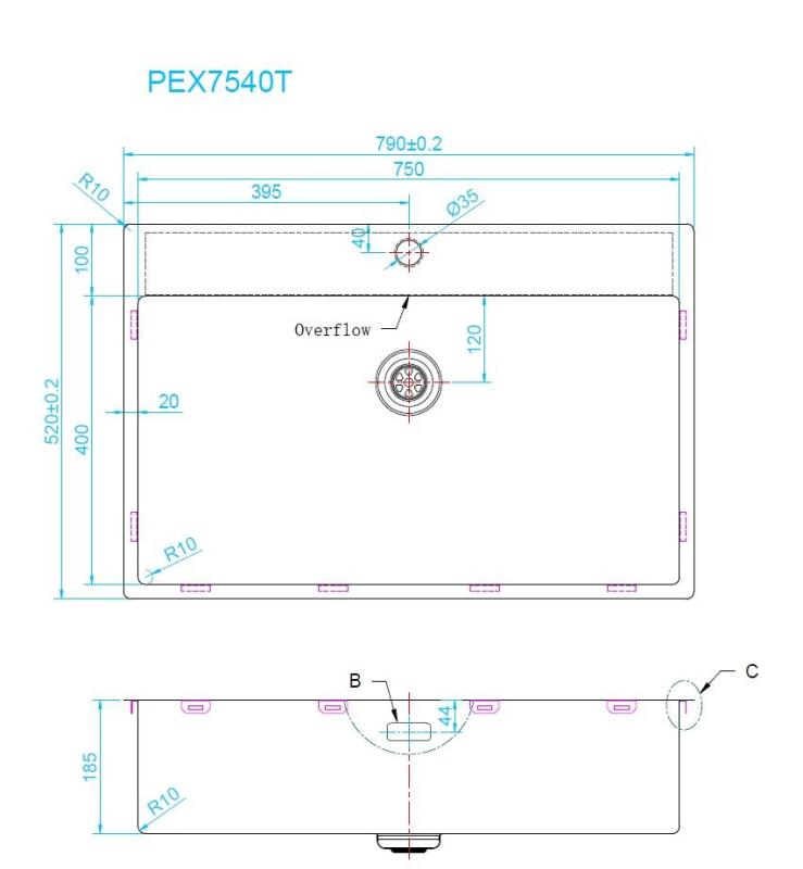 Pure.Sink Exclusivo Златна голяма мивка 75x40cm Tapwing с отвор за кран PEX7540T-60