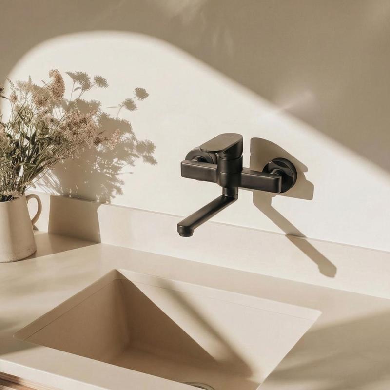 Aquanello Casa Едноръкохватен кухненски смесител за стена, черен, с излив 15 cm BL-1415-CS