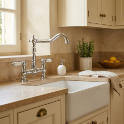 Aquanello Heritage Manor Класическа кухня Носталгичен мост Кухненски кран Хром с бяла дръжка CR-0010-HM