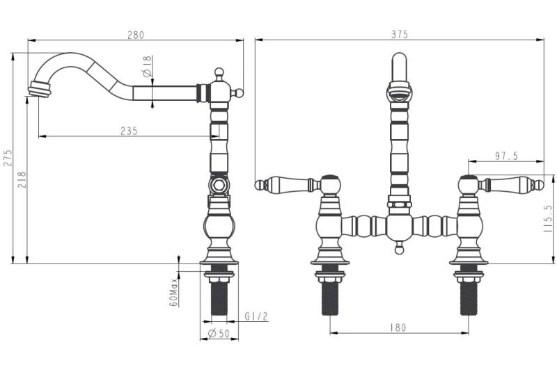 Aquanello Heritage Manor Класически кухненски смесител „Носталгичен мост“ от неръждаема стомана с бяла дръжка NB-0010-HM