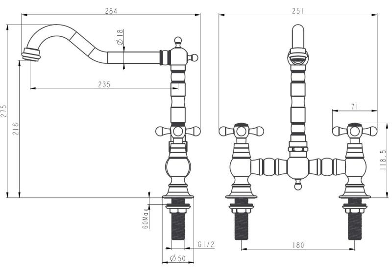 Aquanello Heritage Ascot Класическа кухня, носталгичен мост, кухненски кран, бронз с кръстосани дръжки BN-4001-HA