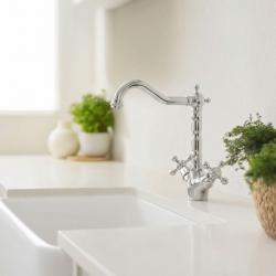 Aquanello Heritage Ascot Класическа кухня Носталгичен кухненски смесител от хром с ъглова изливна тръба CR-4002-HA