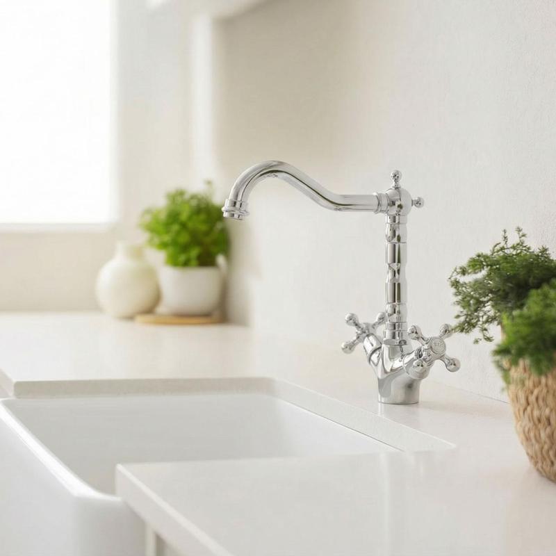 Aquanello Heritage Ascot Класическа кухня Носталгичен кухненски смесител от хром с ъглова изливна тръба CR-4002-HA