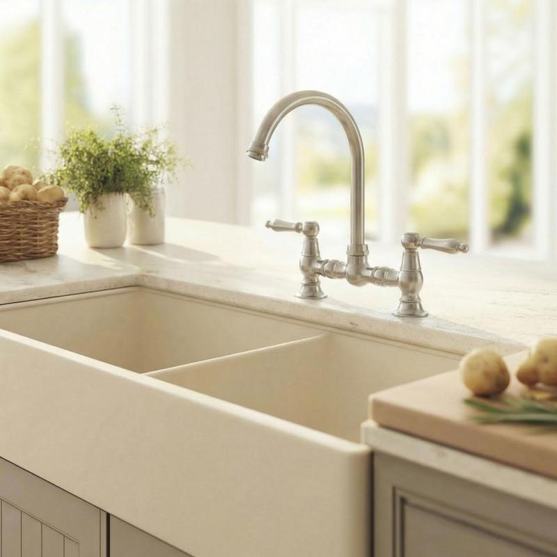 Aquanello Heritage Manor Класически кухненски смесител „Носталгичен мост“ в хром с бяла дръжка и кръгла изливна част CR-4001-HA