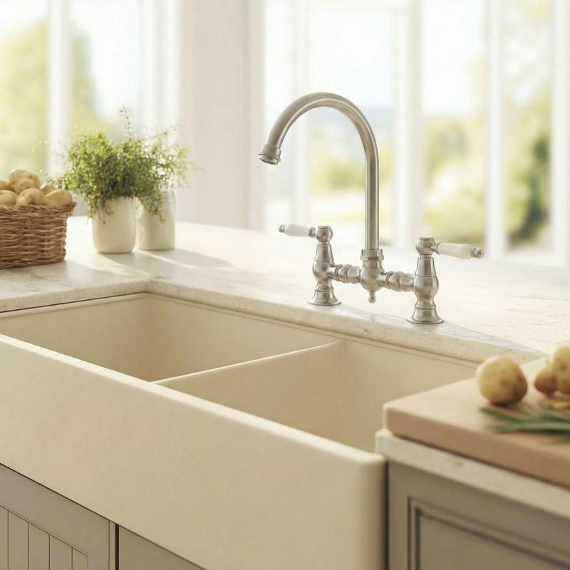 Aquanello Heritage Manor Класическа кухня Носталгичен мост Кухненски кран от неръждаема стомана с бяла дръжка и кръгла изливна тръба NB-0011-HM
