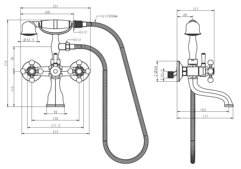 Aquanello Heritage Ascot Класически смесител за баня с хромирани копчета, включително ръчна душ CR-3002-HA