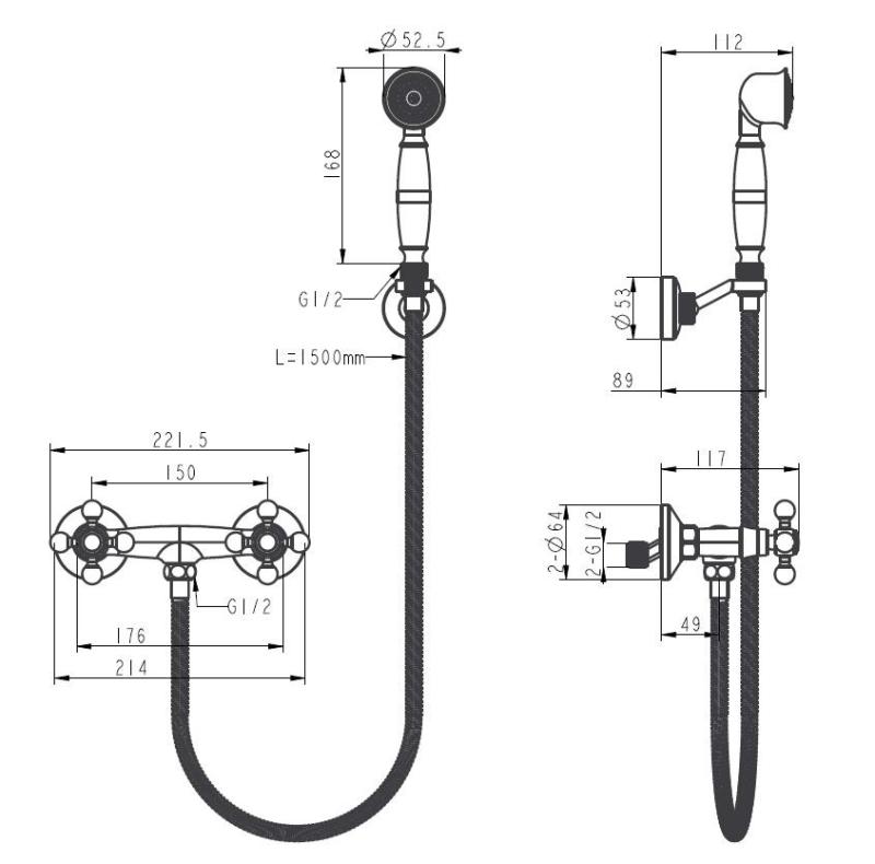 Aquanello Heritage Ascot Класически душ комплект с хромирани копчета и ръчна душ CR-2002-HA