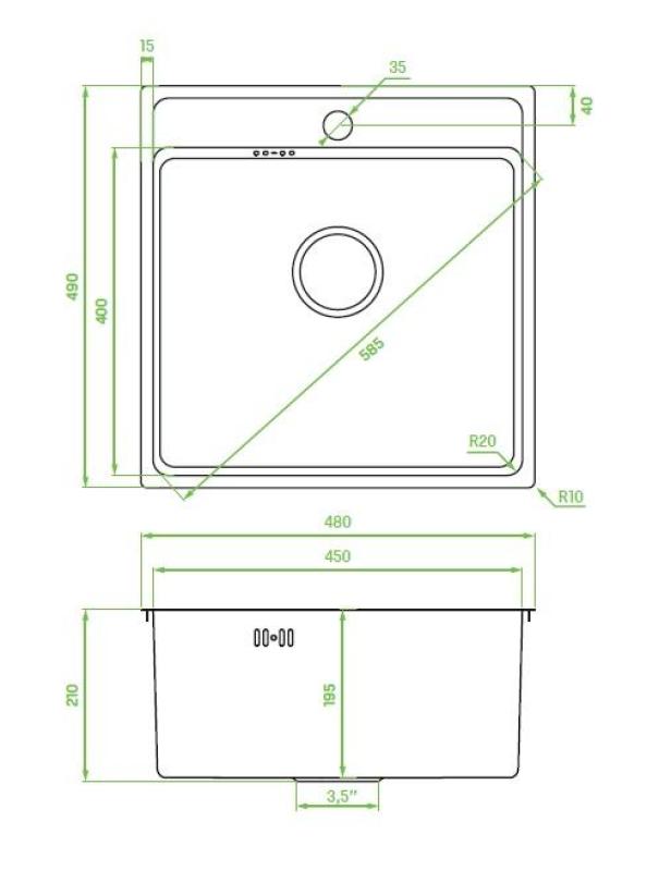 Aquadesign Plana Нержавеща стомана Надградна мивка 48x49 cm с отвор за кран, включително сифон и Clickclack изпускателен клапан 1208972559