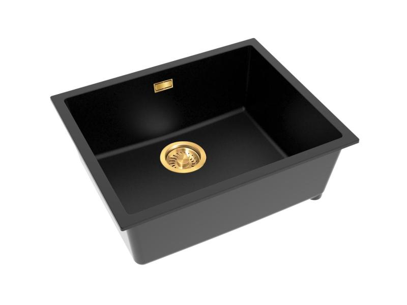 Pure.Sink Eternal Кварцова черна мивка 50x40 см за вграждане и за монтаж върху плот със златист сифон