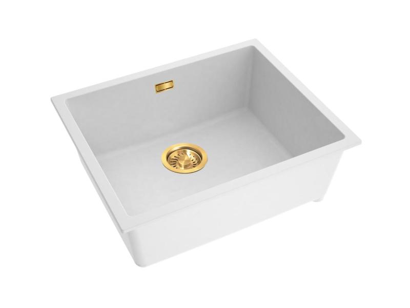 Pure.Sink Eternal Кварцова бяла мивка 50x40 см за вграждане и за монтаж върху плот със златист сифон