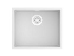 Pure.Sink Eternal Кварцова бяла мивка 50x40 см за вграждане и за монтаж върху плот с автоматичен бял сифон