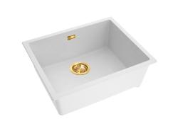 Pure.Sink Eternal Кварцова бяла мивка 50x40 см за вграждане в плот и под плот с автоматичен златист сифон