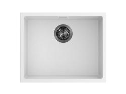 Pure.Sink Eternal Кварцова бяла мивка 50x40 см за вграждане в плот и под плот с автоматичен запушалка в цвят „Gun metal“