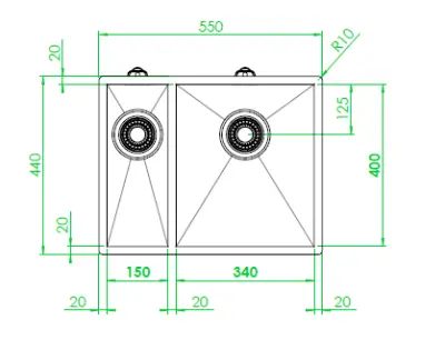 ABK Baronga 1,5 Мивка от неръждаема стомана  15x40+34x40cm монтаж под плота BAR1534F