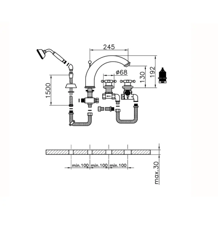 Huber Victorian 4-дупков Термостатичен смесител за вана с душ комплект Хром VTT7601021