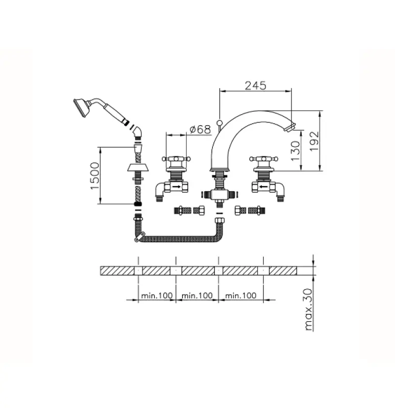 Huber Victorian 4-дупков Смесител за вана с Душ гарнитура Хром VT00026021