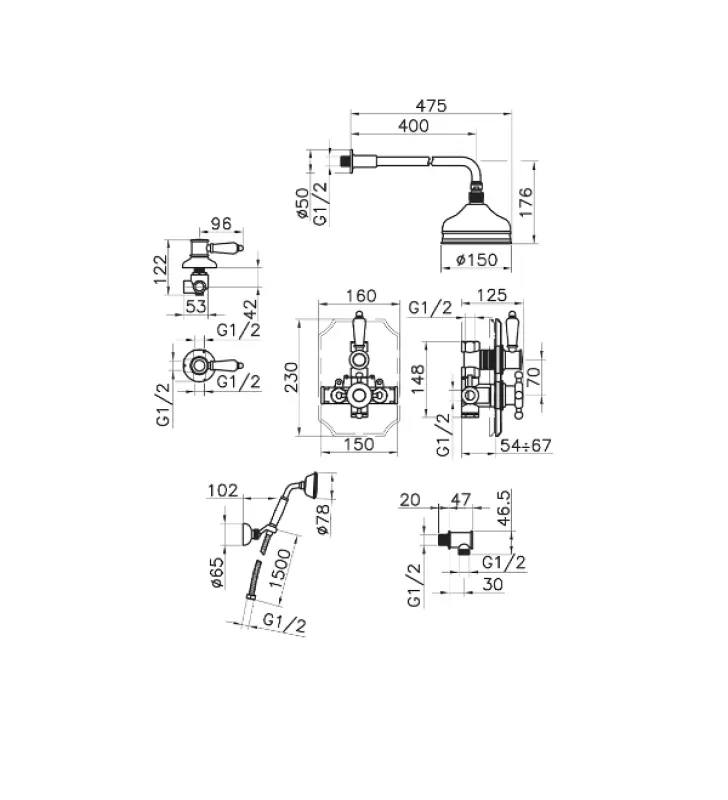 Huber Victorian Термостатичен Вграден Комплект за Душ Хром 913.VT01H.CR